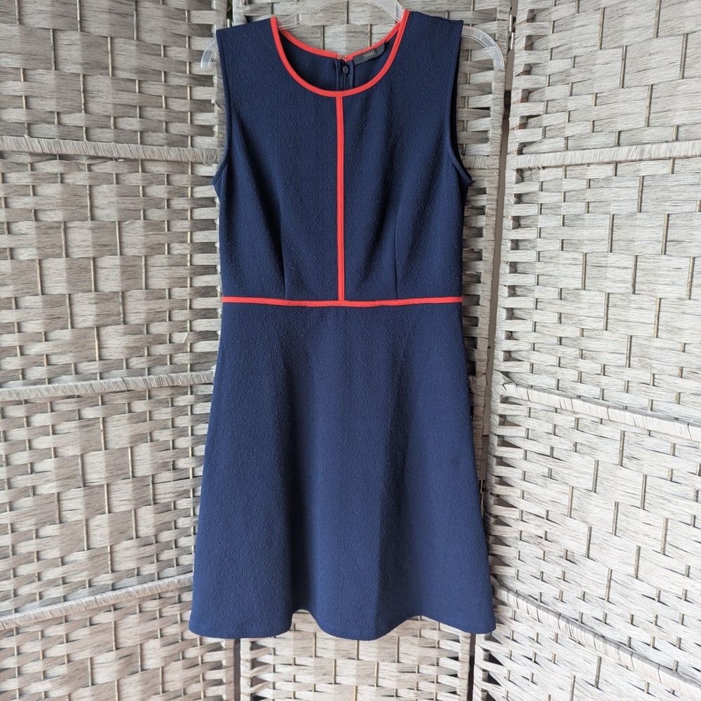 THML‎ A-Line Dress Navy Blue Red Contrast Trim Sleeveless Sz M Retro Mod Office
